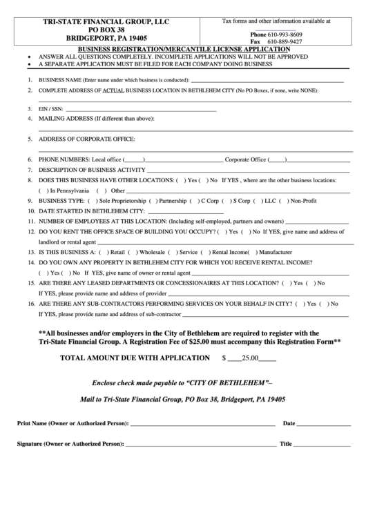 Business Registration/mercantile License Application Printable pdf