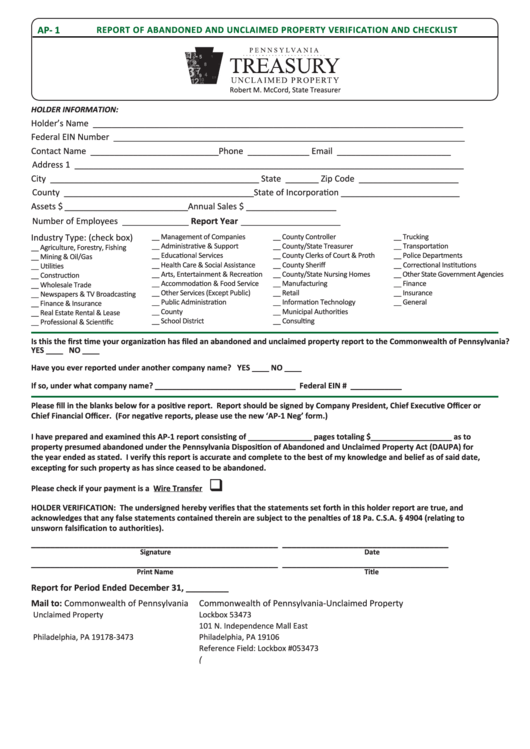 Fillable Form Ap-1 - Report Of Abandoned And Unclaimed Property Verification And Checklist - Pennsylvania Printable pdf