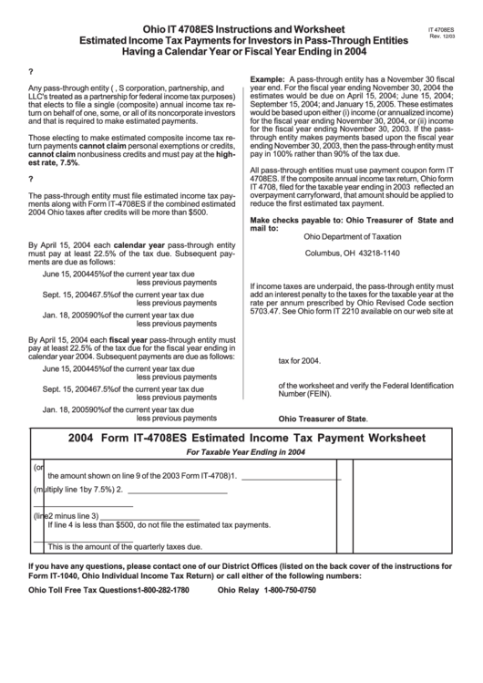 Form It-4708es - Estimated Income Tax Payment Worksheet - 2004 Printable pdf