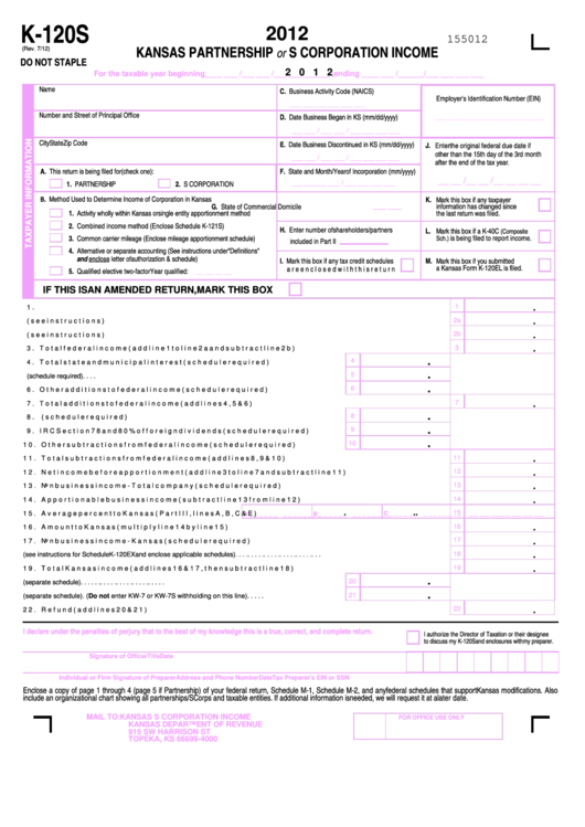 Form K-120s - Kansas Partnership Or S Corporation Income - 2012 Printable pdf