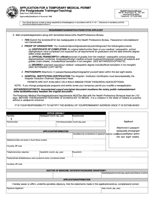 Fillable Form 17598 - Application For A Temporary Medical Permit (For Postgraduate Training Or Teaching) Printable pdf
