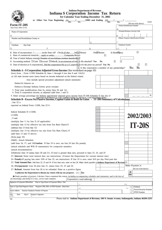 Form It-20s - Indiana S Corporation Income Tax Return Printable pdf
