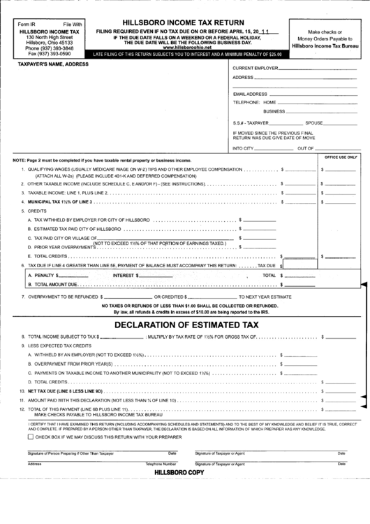Form Ir - Hillsboro Income Tax Return Printable pdf