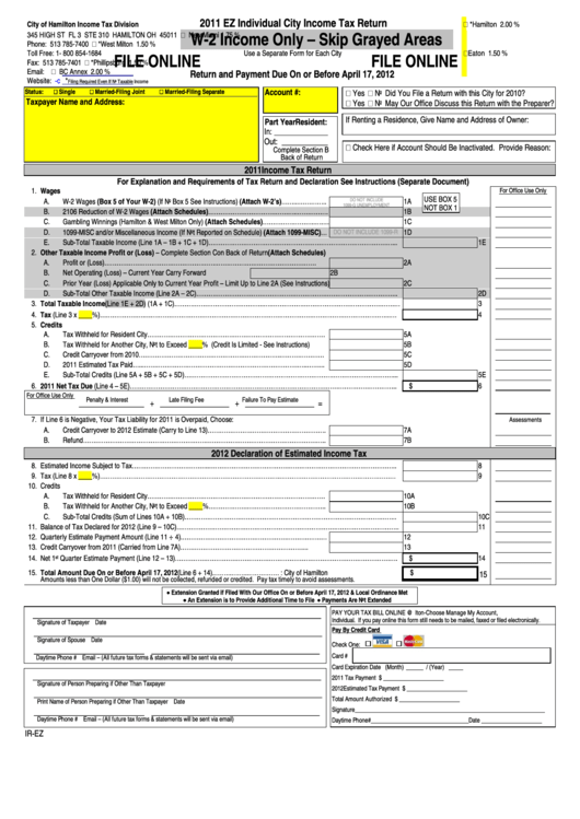 Form Ir-Ez - Individual City Income Tax Return - 2011 Printable pdf
