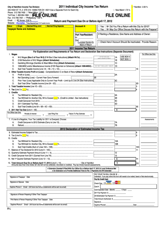 Form Ir-L - Individual City Income Tax Return - 2011 Printable pdf