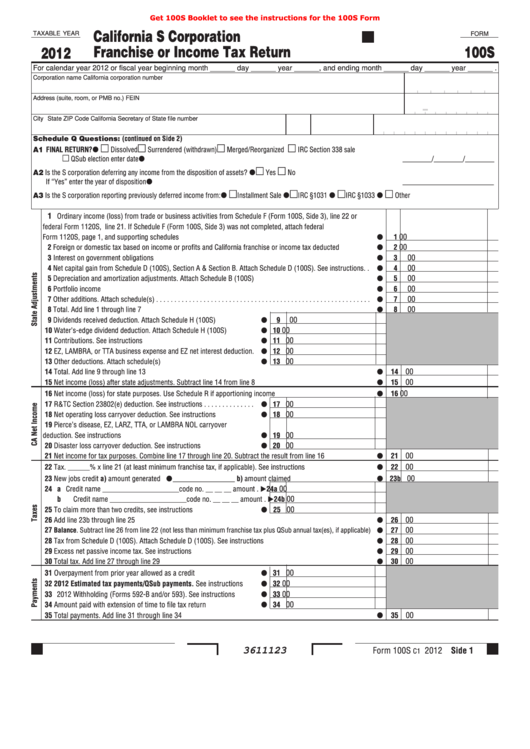 Fillable Form 100s California S Corporation Franchise Or Income Tax 
