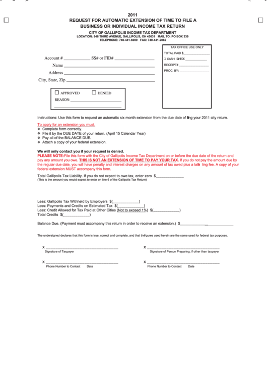 Request For Automatic Extension Of Time To File A Business Or Individual Income Tax Return - 2011 Printable pdf