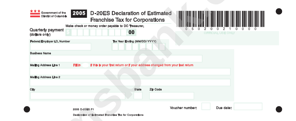 Form D-20es - Declaration Of Estimated Franchise Tax For Corporations - 2005
