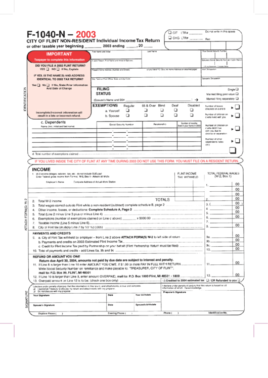 Form F-1040-N - Non-Resident Individual Income Tax Return - 2003 Printable pdf