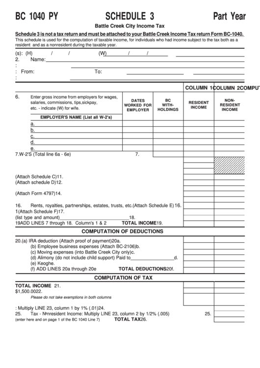 Form Bc 1040 Py - Schedule 3 - Battle Creek City Income Tax Printable pdf