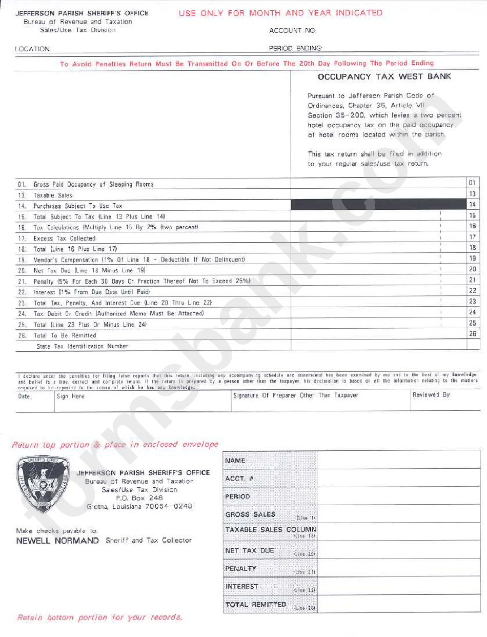 Jefferson Parish Occupancy Tax Form (West Bank) printable pdf download