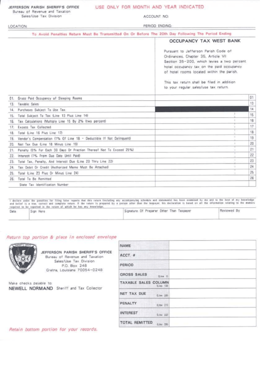 Jefferson Parish Occupancy Tax Form (West Bank) Printable pdf