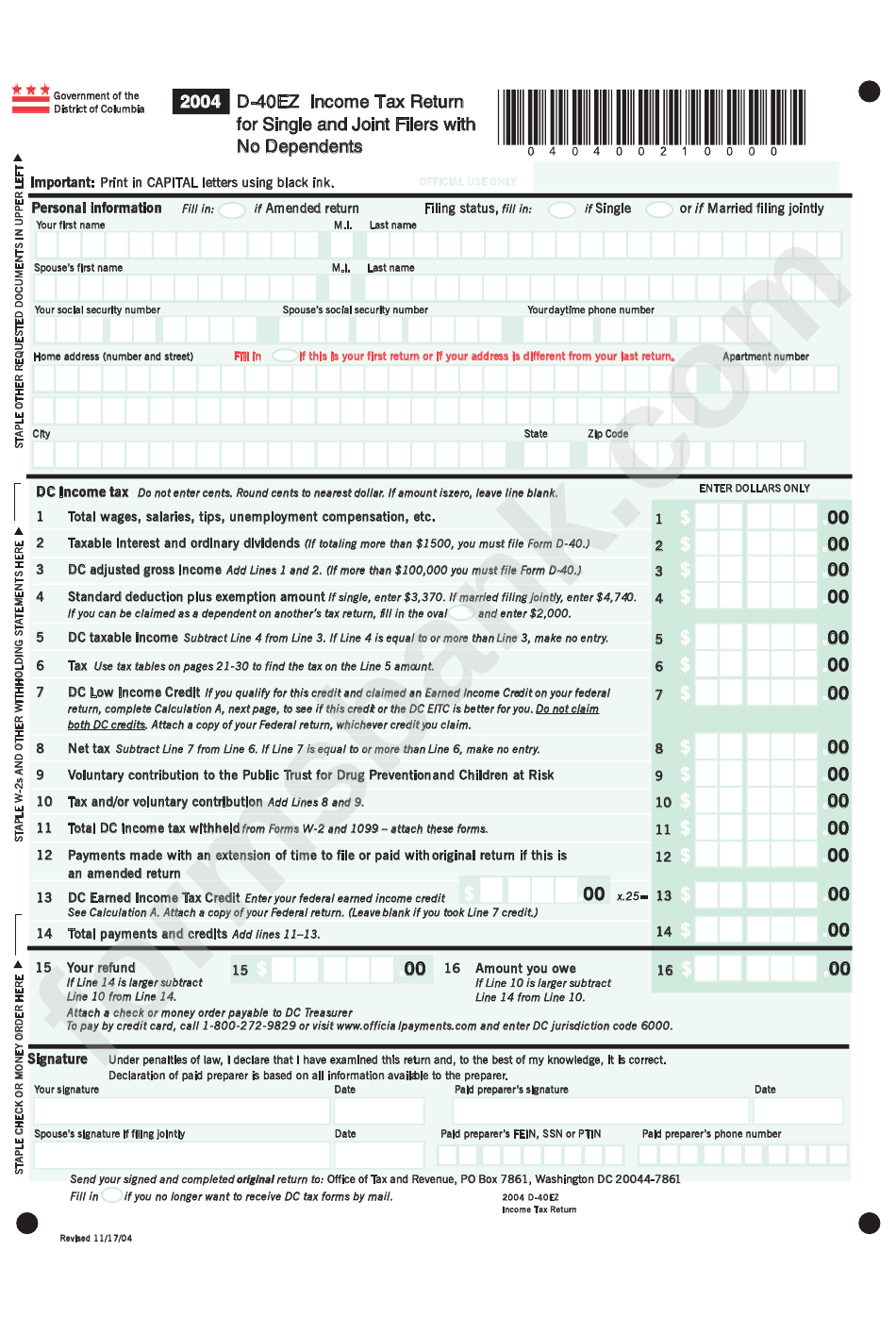 Form D-40ez - Income Tax Return For Single And Joint Filers With No Dependents - 2004