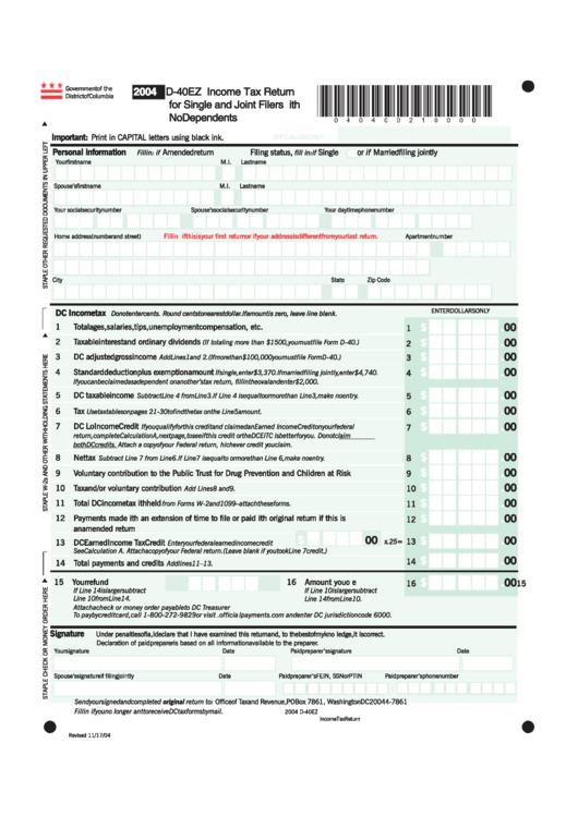 Form D-40ez - Income Tax Return For Single And Joint Filers With No Dependents - 2004 Printable pdf