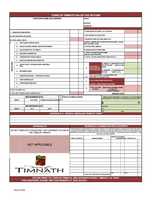 Town Of Timnath Sales Tax Return 2009 printable pdf download