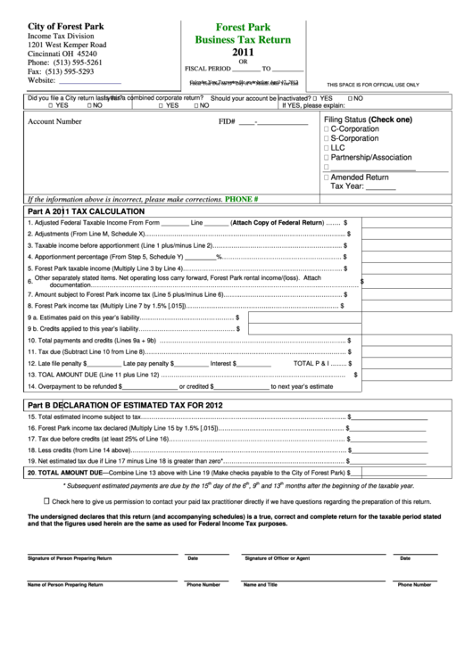 Business Tax Return Form - City Of Forest Park Income Tax Division - 2011 Printable pdf