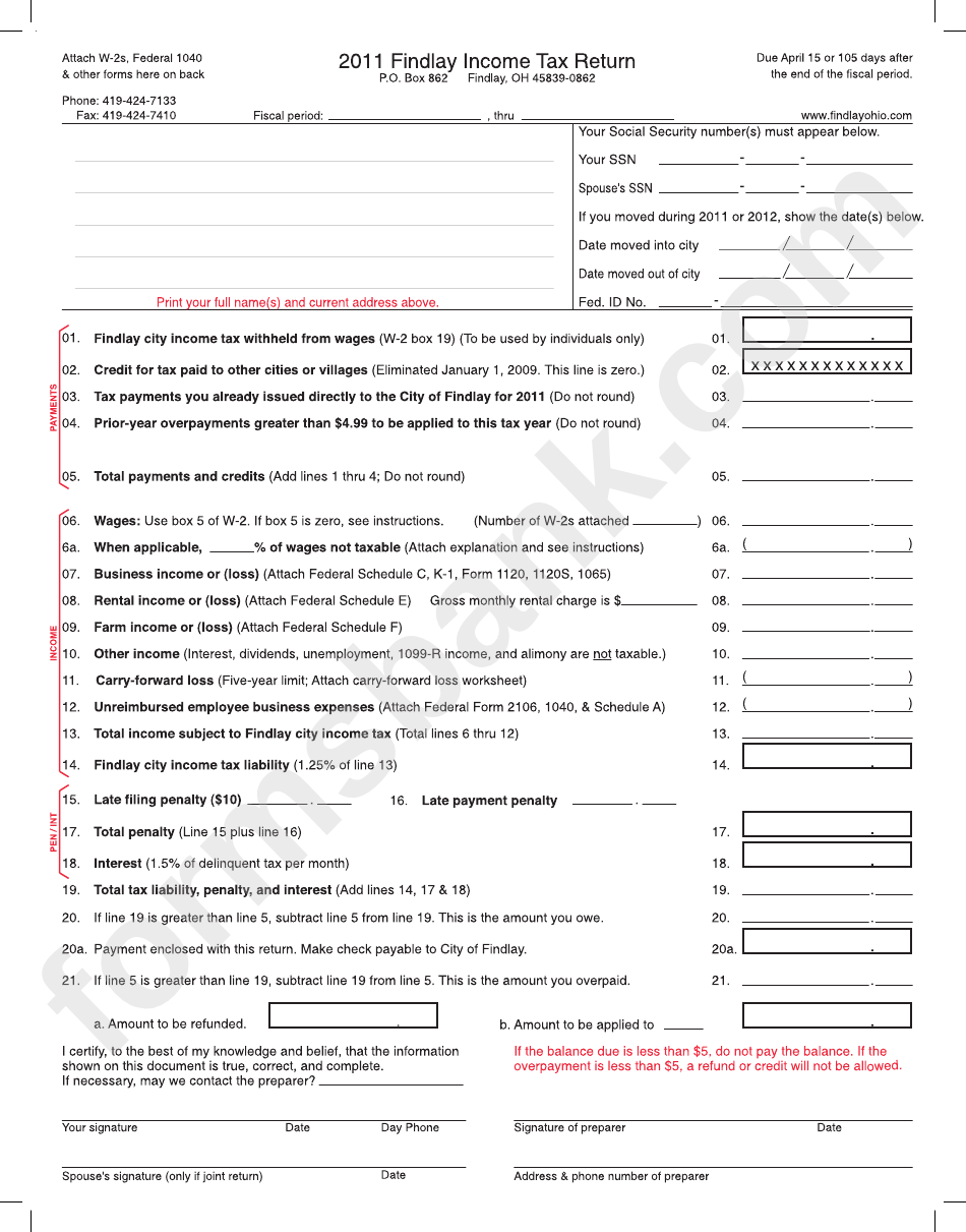 Findlay Income Tax Return Form - 2011