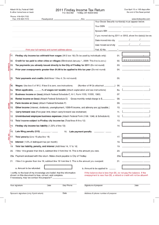 Fillable Findlay Income Tax Return Form - 2011 Printable pdf