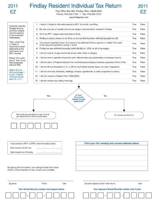Form Ez - Findlay Resident Individual Tax Return - 2011 Printable pdf
