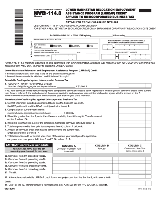 Form Nyc-114.8 - Lmreap Credit Applied To Unincorporated Business Tax - 2012 Printable pdf