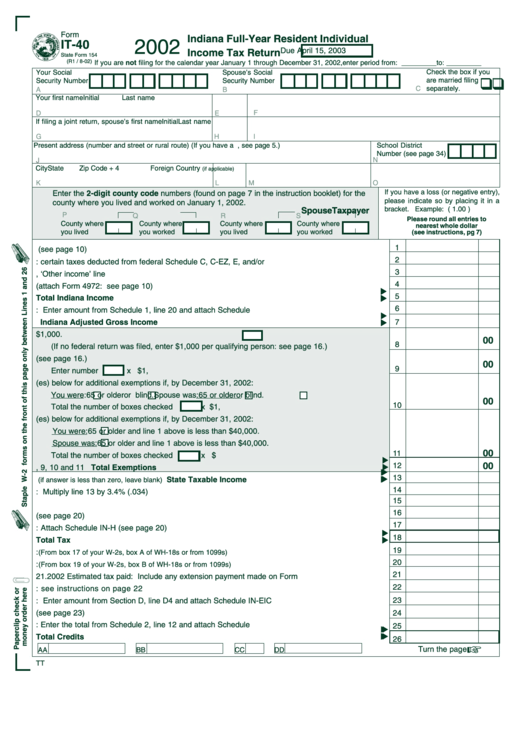 Form It-40 - Indiana Full-Year Resident Individual Income Tax Return - 2002 Printable pdf