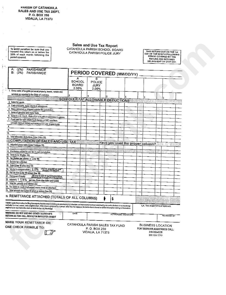 Sales And Use Tax Report - Catahoula Parish School Board - Catahoula Parish Police Jury