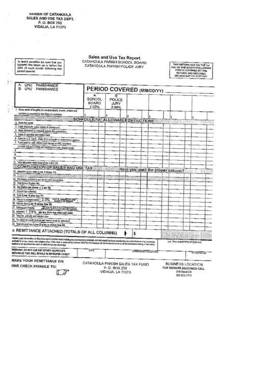 Sales And Use Tax Report - Catahoula Parish School Board - Catahoula Parish Police Jury Printable pdf