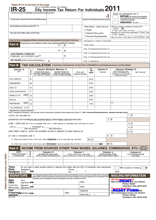 Fillable Form Ir-25 - City Income Tax Return For Individuals - City Of Columbus Income Tax Division - 2011 Printable pdf