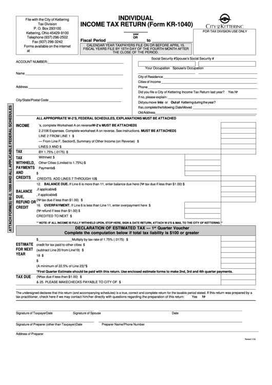 Fillable Form Kr-1040 - Individual Income Tax Form - 2004 Printable pdf
