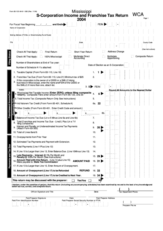 Form 85-105-04-8-1-000 - Mississippi S-Corporation Income And Franchise Tax Return - 2004 Printable pdf