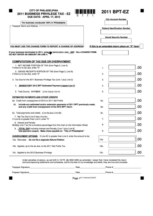 Form Bpt-Ez - Business Privilege Tax - Ez - 2011 Printable pdf