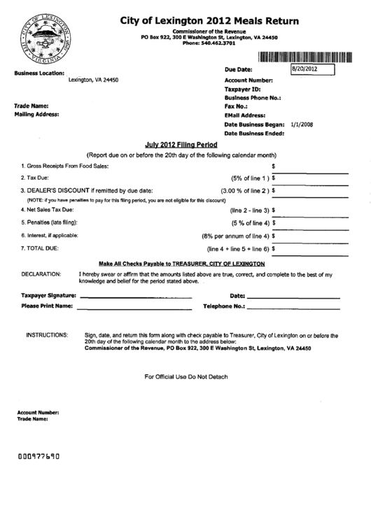 City Of Lexington Meals Return - 2012 Printable pdf