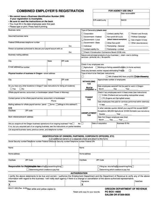 Fillable Form 150-211-055 - Combined Employer