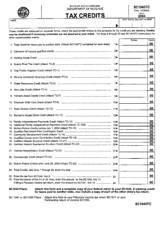 Form Sc1040tc - Tax Credits - 2004 Printable pdf