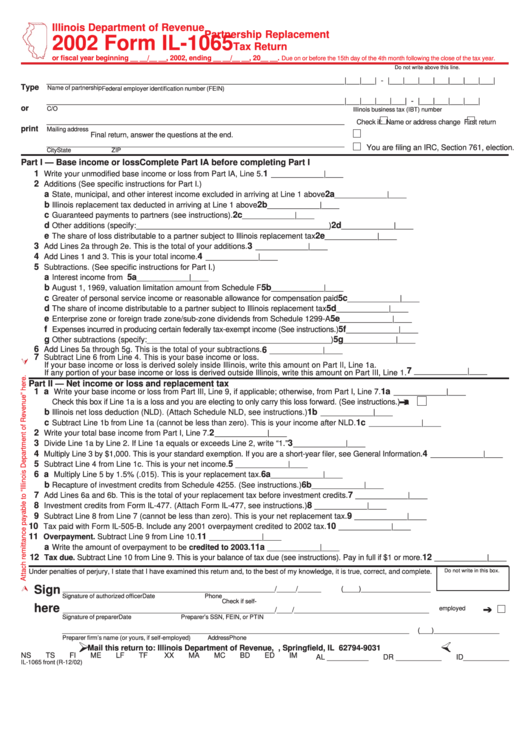 Form Il1065 Partnership Replacement Tax Return 2002 printable pdf