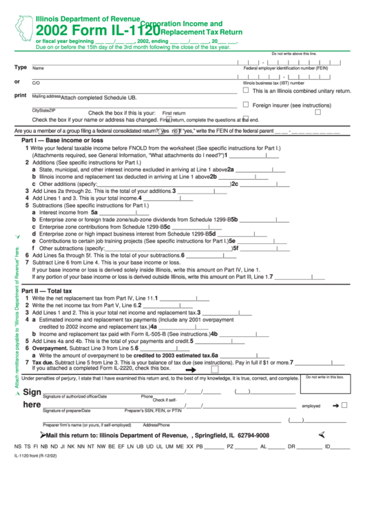 Form Il-1120 - Corporstion Income And Replacement Tax Return - 2002 Printable pdf