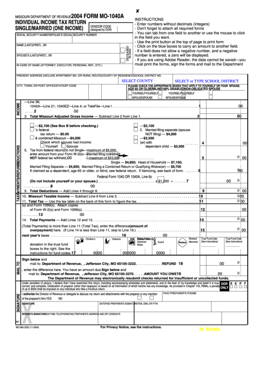 Fillable Form Mo-1040a - Individual Income Tax Return Single/married (One Income) - 2004 Printable pdf