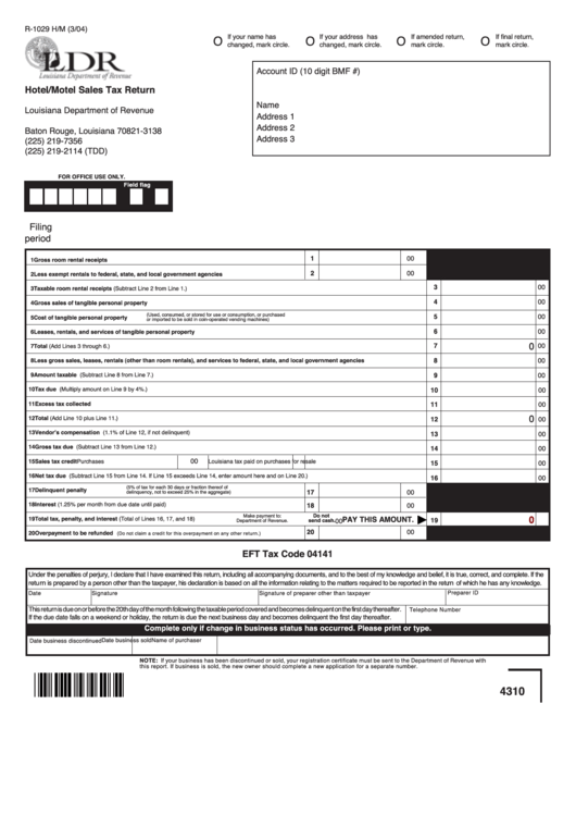 Fillable Form R-1029 H/m - Hotel/motel Sales Tax Return - Louisiana Department Of Revenue Printable pdf