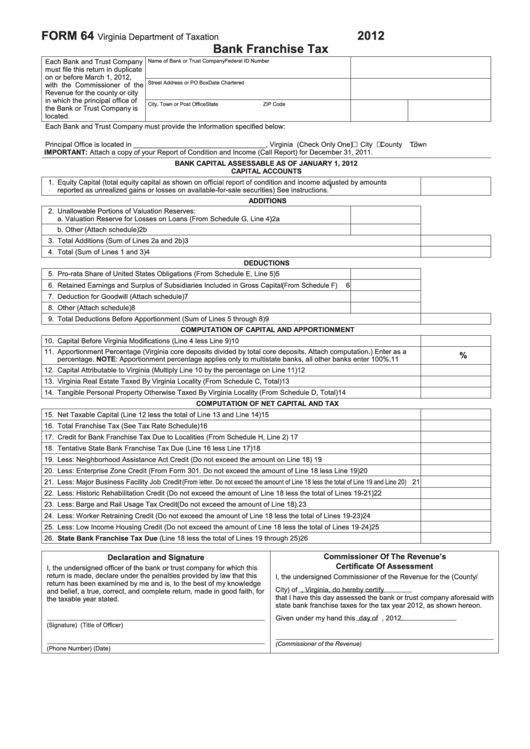 Form 64 - Bank Franchise Tax - 2012 Printable pdf