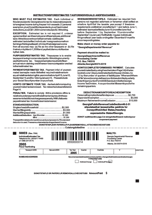 Form 500 Es - Individual Estimated Tax - Georgia Department Of Revenue - 2005 Printable pdf