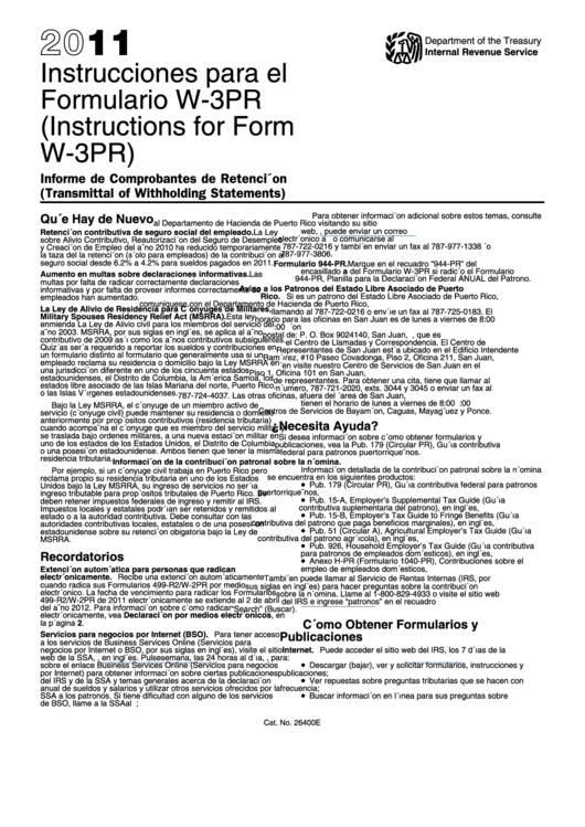 Instrucciones Para El Formulario W-3pr (Instructions For Form W-3pr) - 2011 Printable pdf