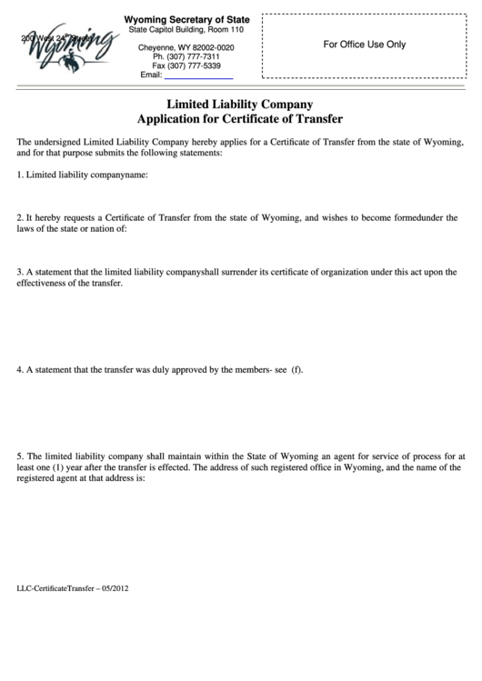 Fillable Form Llc - Limited Liability Company Application For Certificate Of Transfer - Wyoming Secretary Of State - 2012 Printable pdf