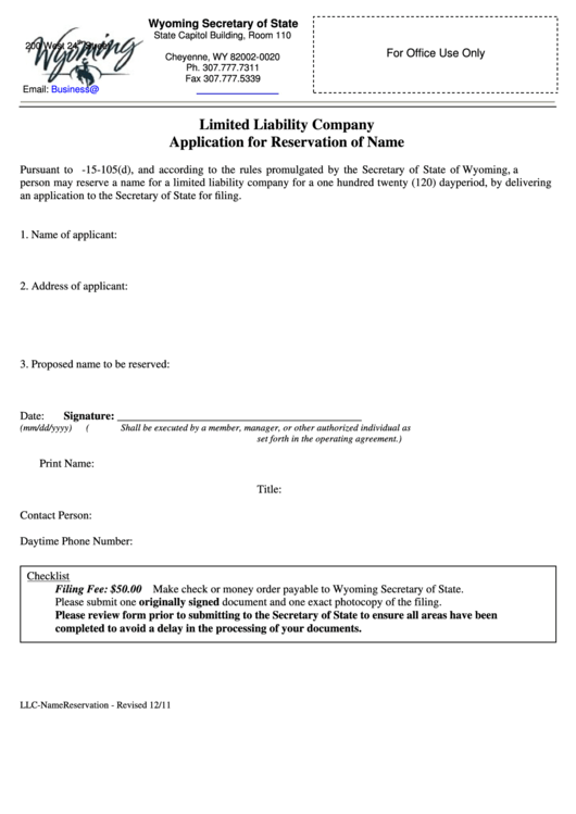 Fillable Limited Liability Company Application For Reservation Of Name - Wyoming Secretary Of State Printable pdf