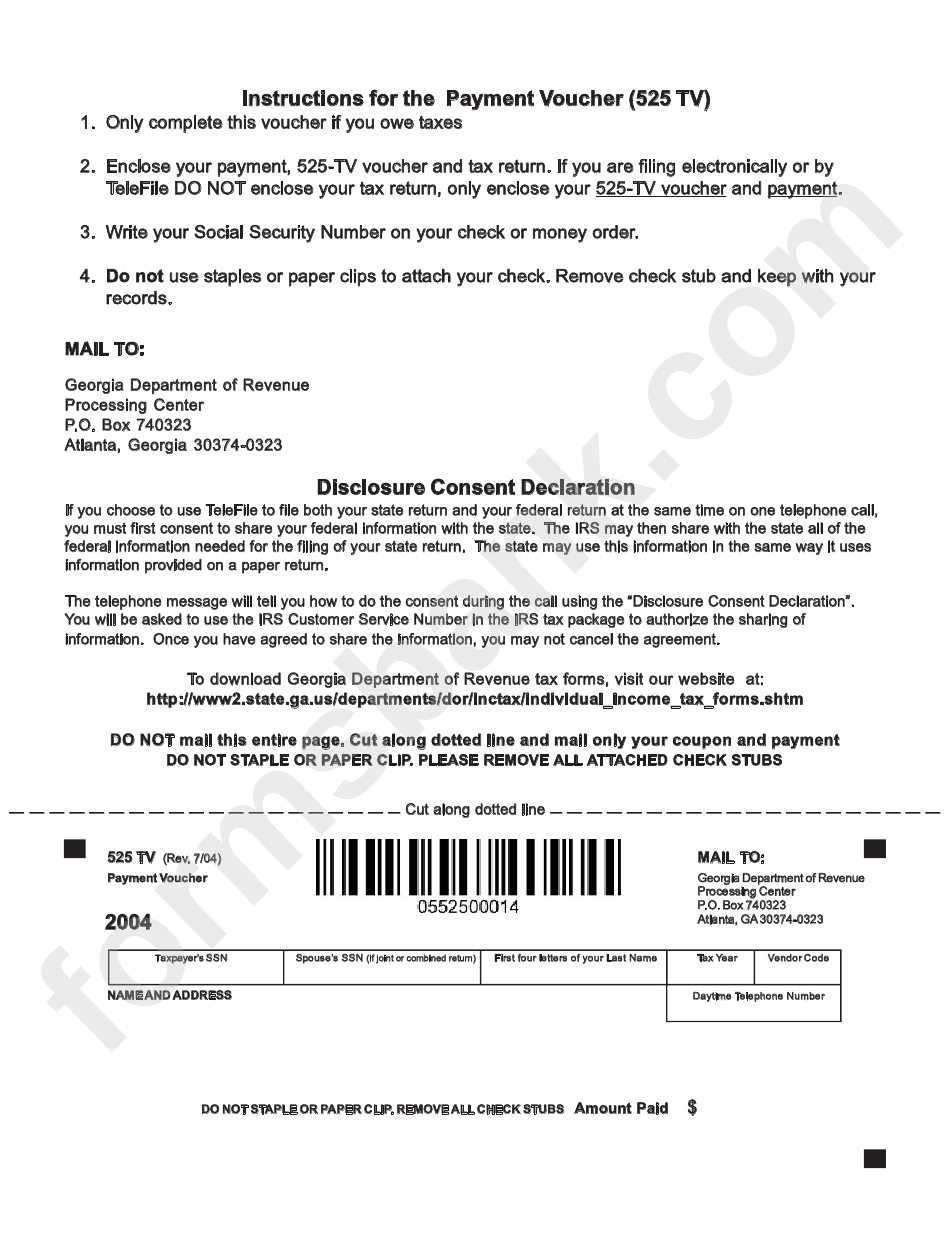 Form 525 Tv Payment Voucher Georgia Department Of Revenue Printable 