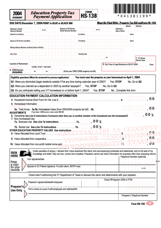 Form Hs-138 - Education Property Tax Payment Application - 2004 Printable pdf