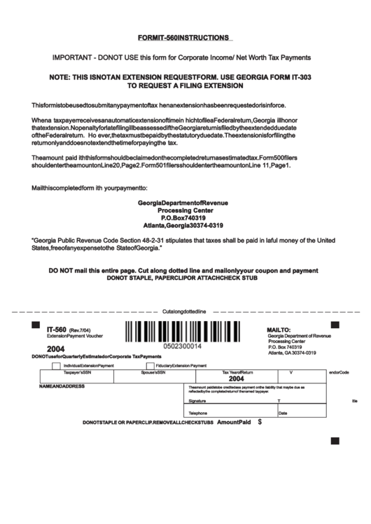 Form It-560 - Extension Payment Voucher - Georgia Department Of Revenue Printable pdf