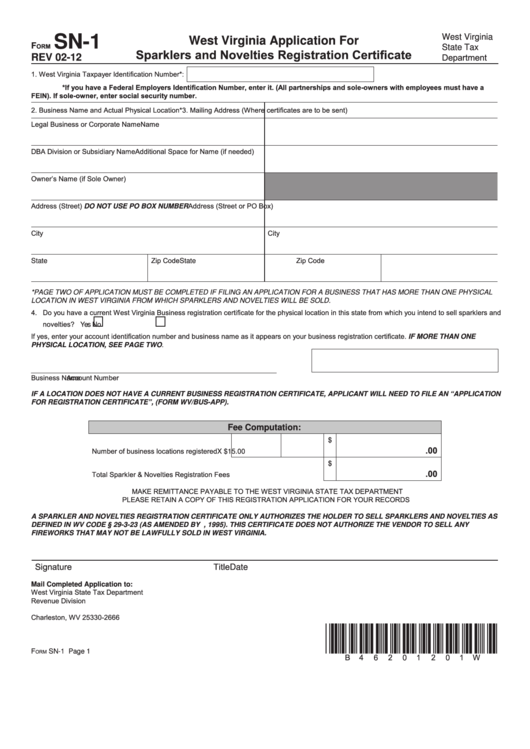 Form Sn-1 - West Virginia Application For Sparklers And Novelties Registration Certificate Printable pdf
