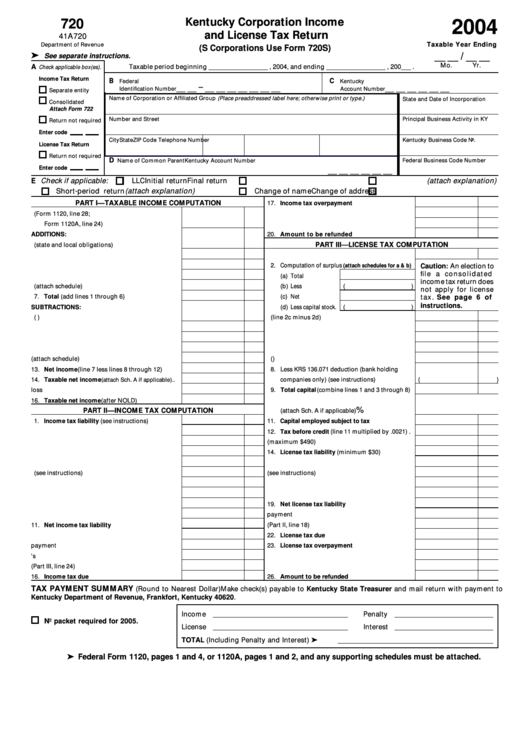 Form 41a720 - Kentucky Corporation Income And License Tax Return - 2004 Printable pdf