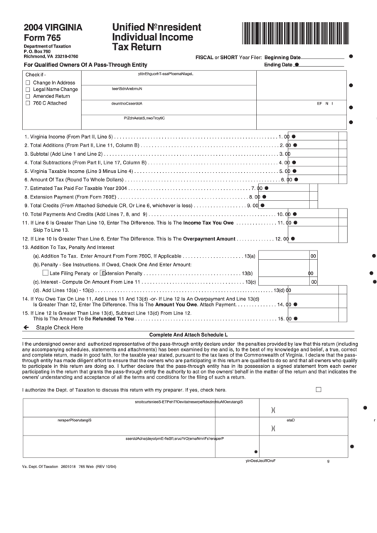 Form 765 - Unified Nonresident Individual Income Tax Return - 2004 Printable pdf