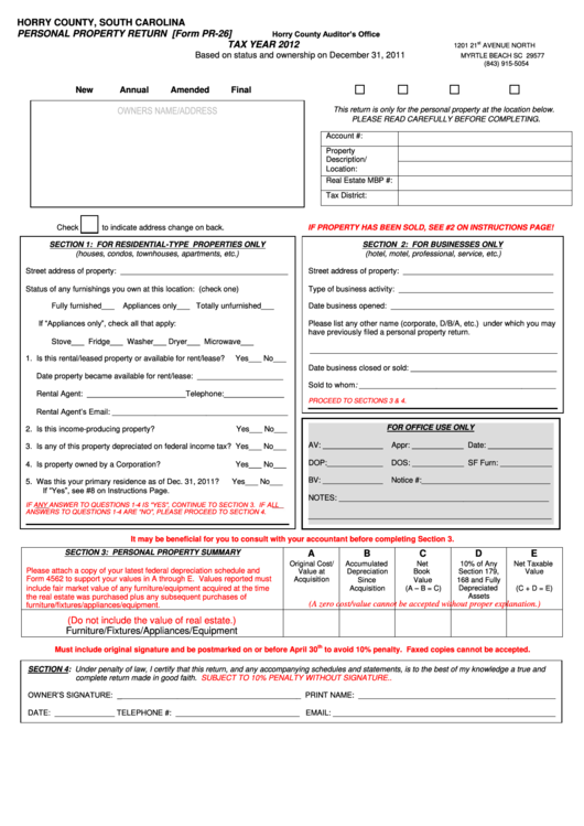 Form Pr26 Personal Property Return 2012 printable pdf download